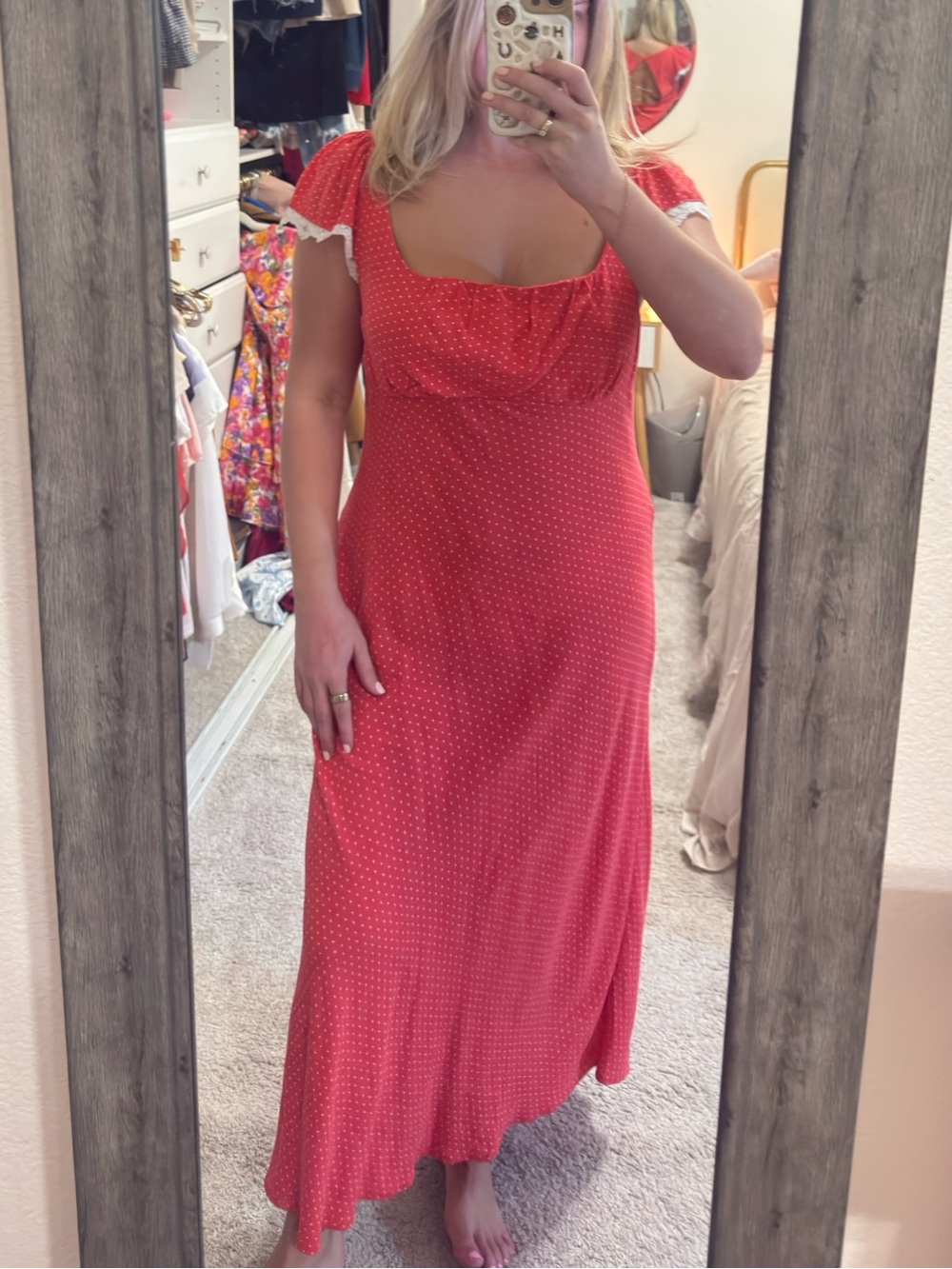 Wild Fable Red Polka Dot Maxi Dress with Lace Trim Cap Sleeves